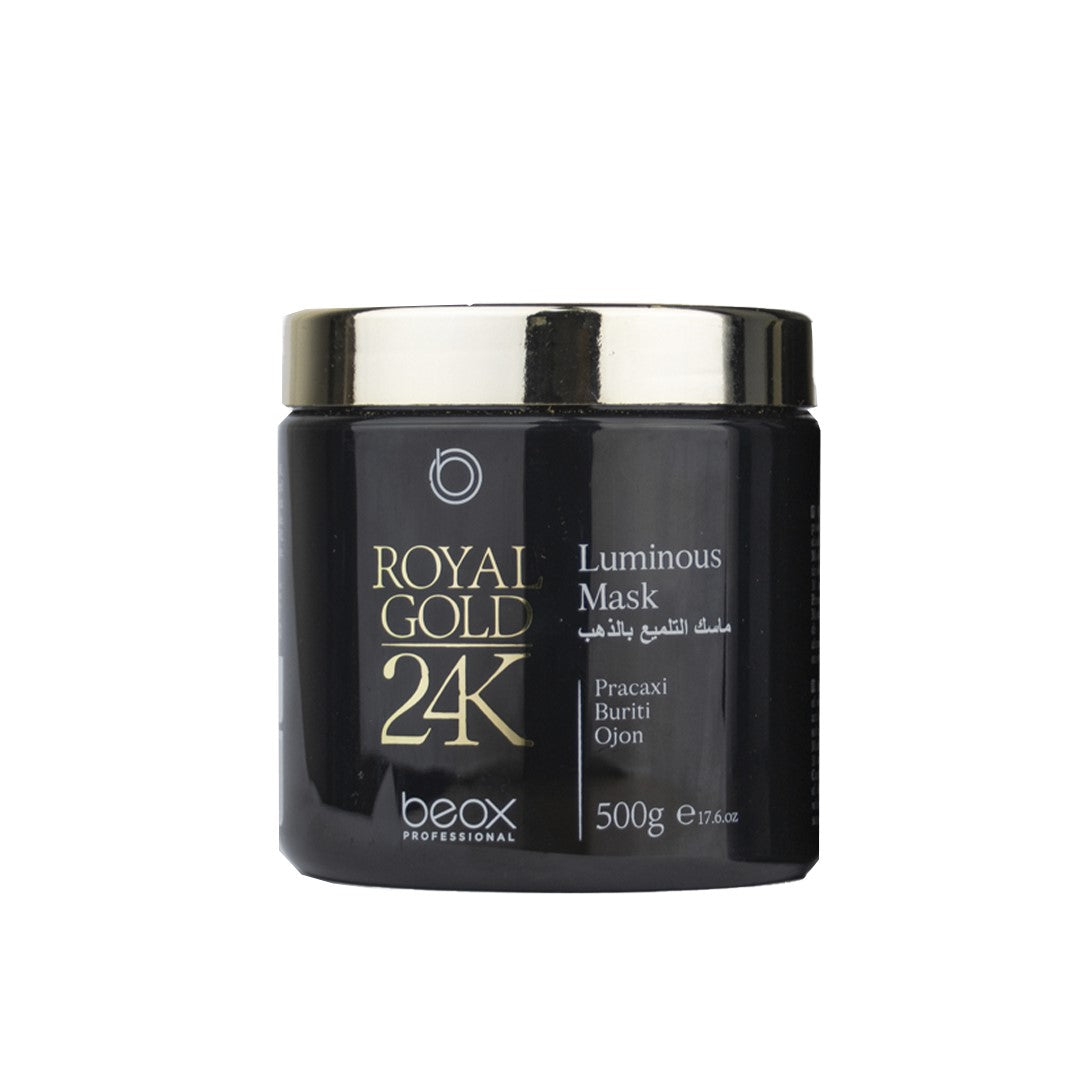 Luminous Mask Royal Gold 24k 500g la máscara de la línea royal gold 24K, nutre profundamente la fibra capilar, reduce el volumen y devuelve la elasticidad natural del cabello. Compuesto por un complejo único y noble de ácidos, proteínas y aceites, que realinean cualquier tipo de cabello, manteniendo los cabellos brillantes y saludables. La fórmula contiene el Glossy Gold un exclusivo complejo de ácidos y aceites que reconstruyen e hidratan los cabellos dañados.