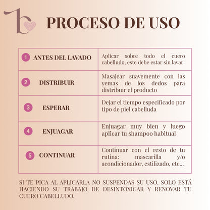 1. APLICA
Antes del shampoo, aplica directamente sobre el cuero cabelludo seco, separando el cabello por secciones.

2. MASAJEA
Distribuye suavemente con las yemas de los dedos, sin raspar ni frotar agresivamente.

3. DEJA ACTUAR
El tiempo de contacto dependerá de las necesidades de tu cuero cabelludo.

4. ENJUAGA
Retira completamente con agua.

5. CONTINÚA CON TU RUTINA
Aplica tu shampoo habitual y continúa con acondicionador o mascarilla en medios y puntas.