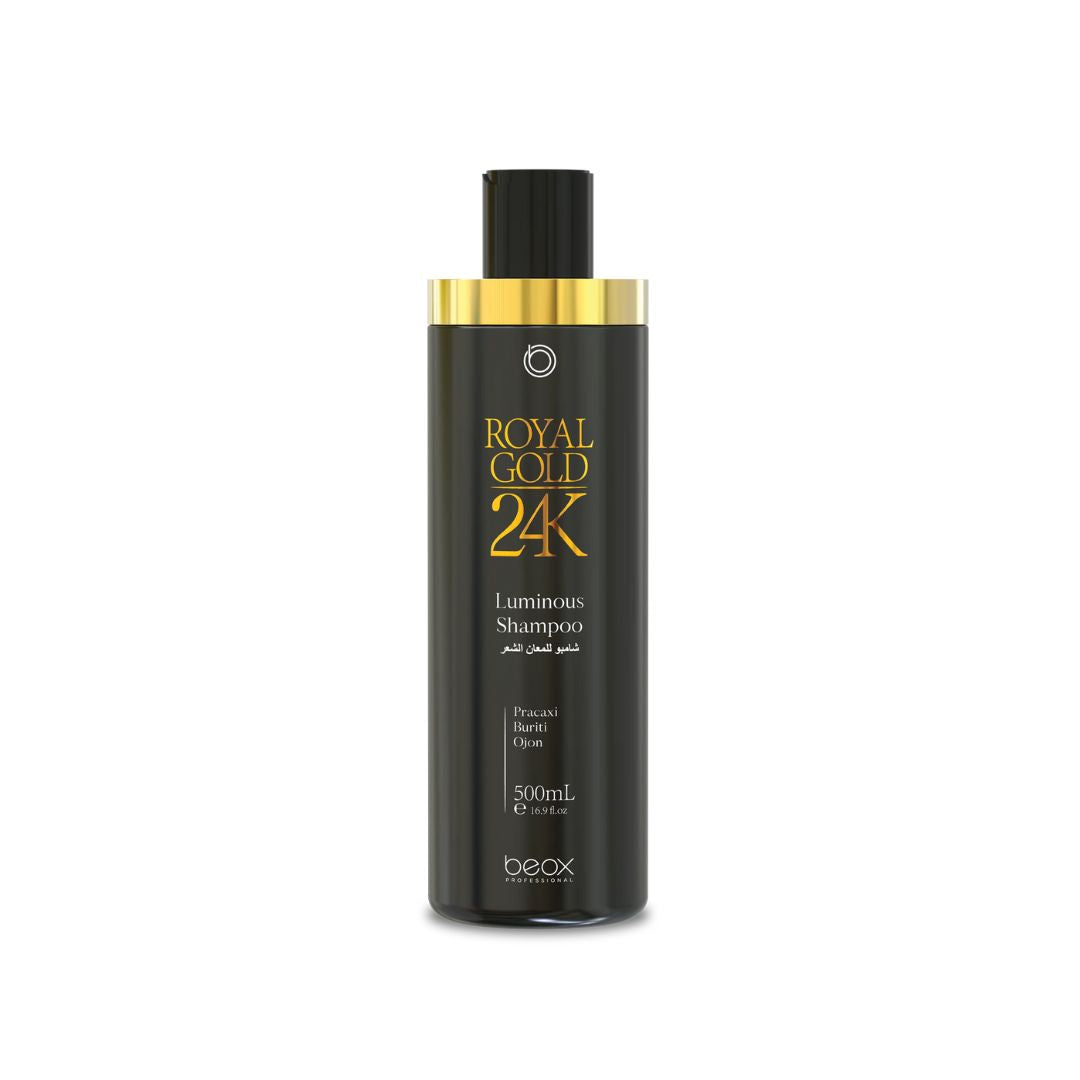 Luminous Shampoo Royal Gold 24K 500ml  El champú Luminous reduce el volumen, realinean cualquier tipo de cabello y aporta brillo y nutrición profunda.  La fórmula contiene el Glossy Gold un exclusivo complejo de ácidos y aceites que reconstruyen e hidratan los cabellos dañados.